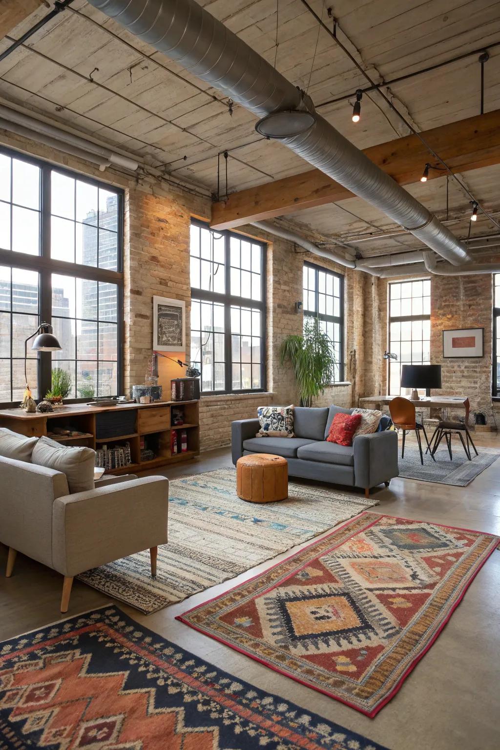 Use rugs to define and enhance spaces in your loft.