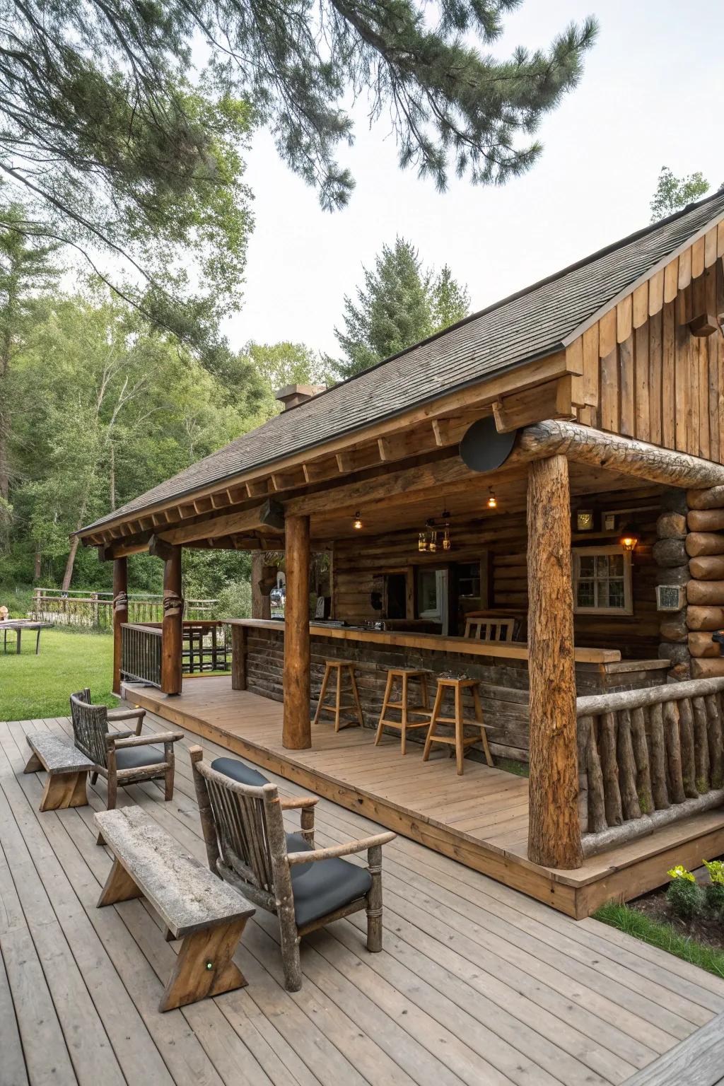 An open-air bar on a deck combines outdoor enjoyment with rustic charm.