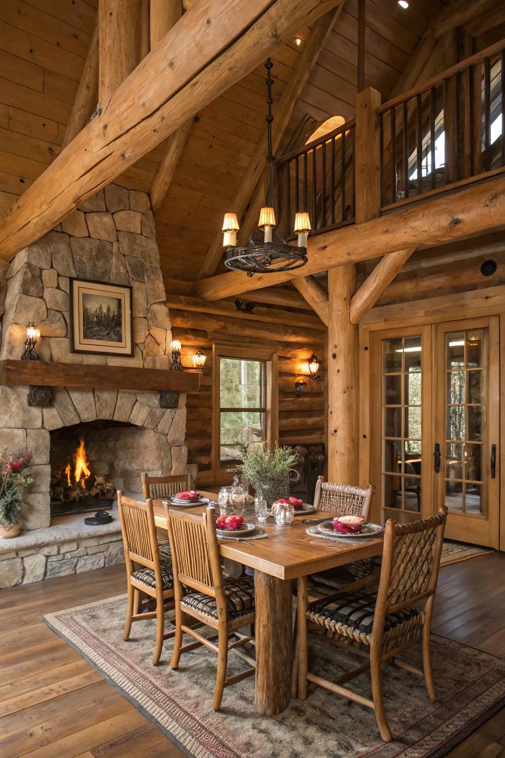 Handcrafted pieces add authenticity and personal touch to a log cabin dining area.