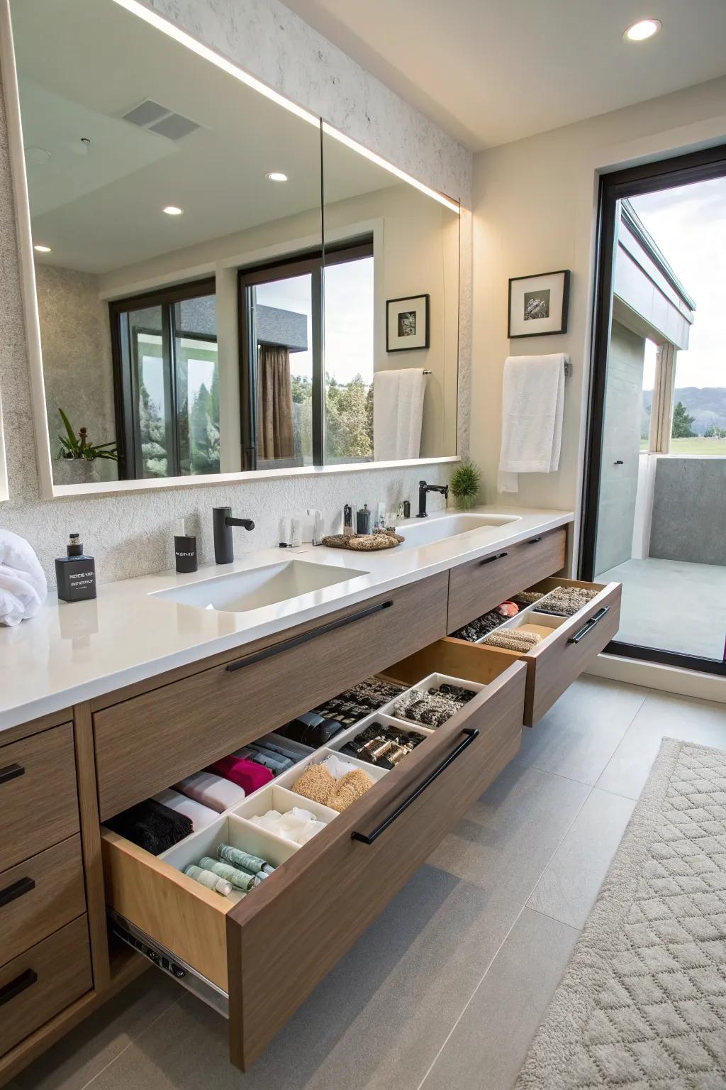 Custom storage solutions enhance the functionality of bathroom vanities.