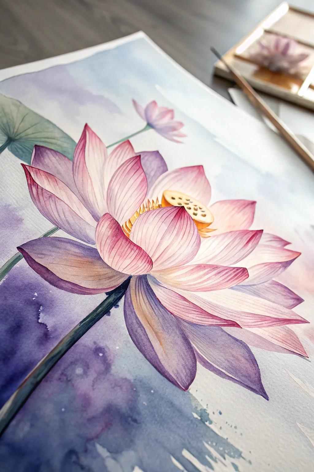 An elegant watercolor lotus painting with serene beauty.