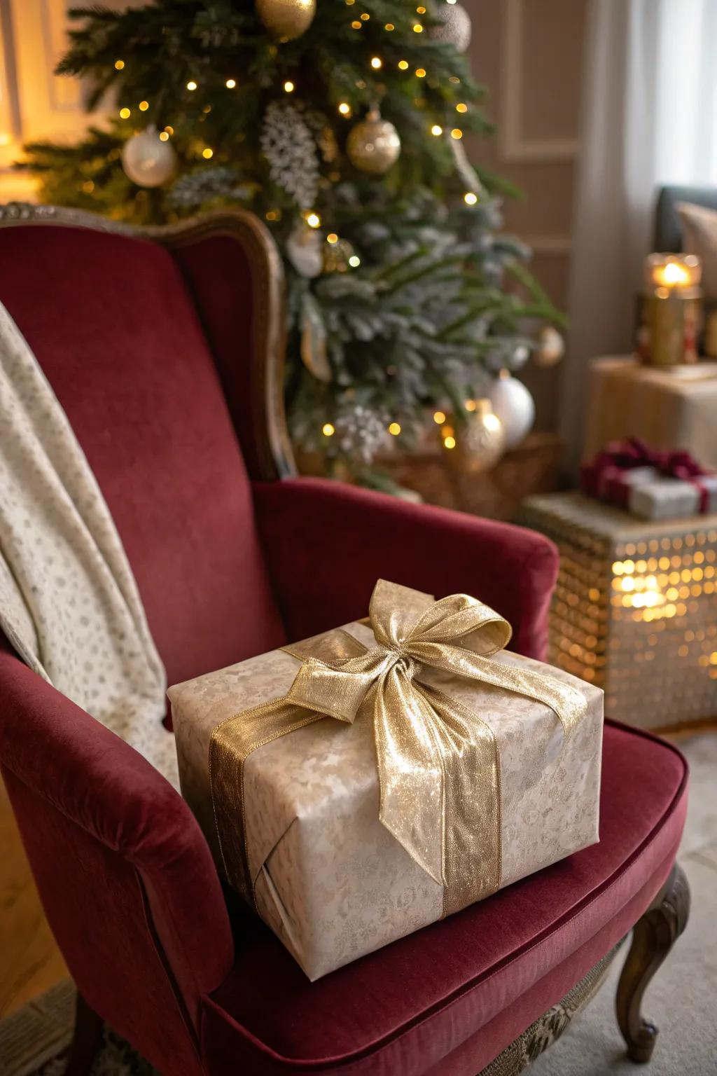 Luxury fabrics like satin add an opulent feel to gift wrapping.