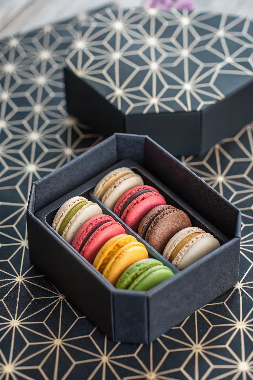 Modern appeal with hexagonal macaron packaging.