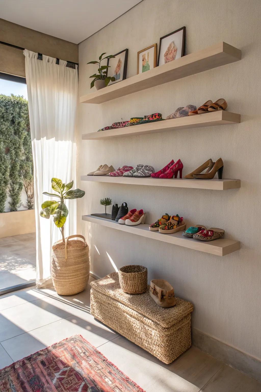 Transform your space with floating shelves and turn your shoe collection into a stunning art display! 🌈✨ #MinimalistBoho #ScandiStyle
