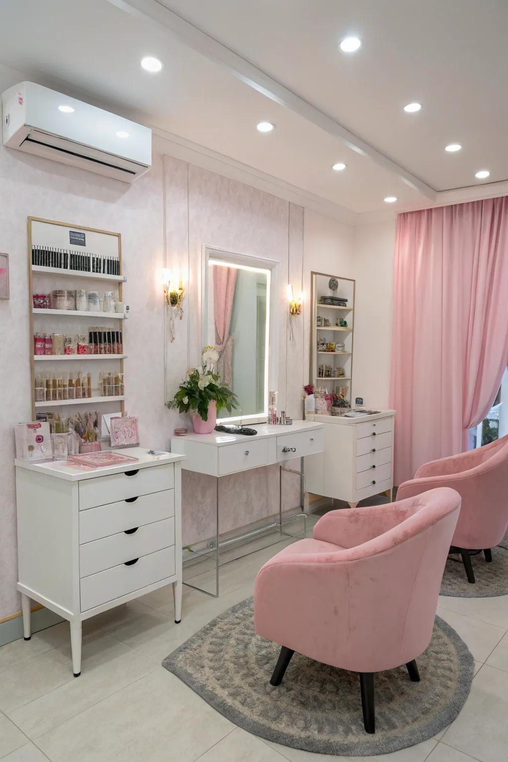 A girly and calming pink-themed studio.