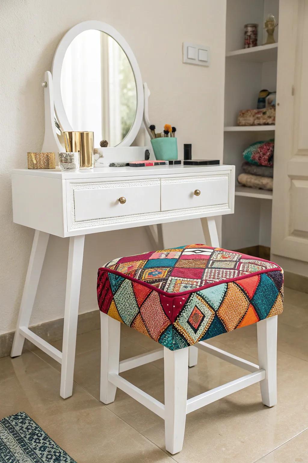 A stylish stool can add comfort and flair to your vanity.