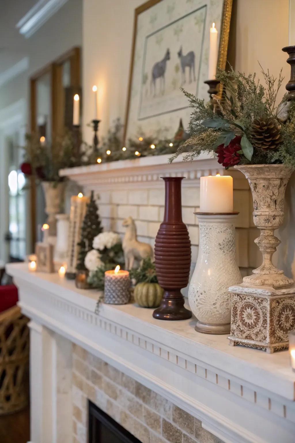 A mantel with decorative elements of varying heights and sizes.