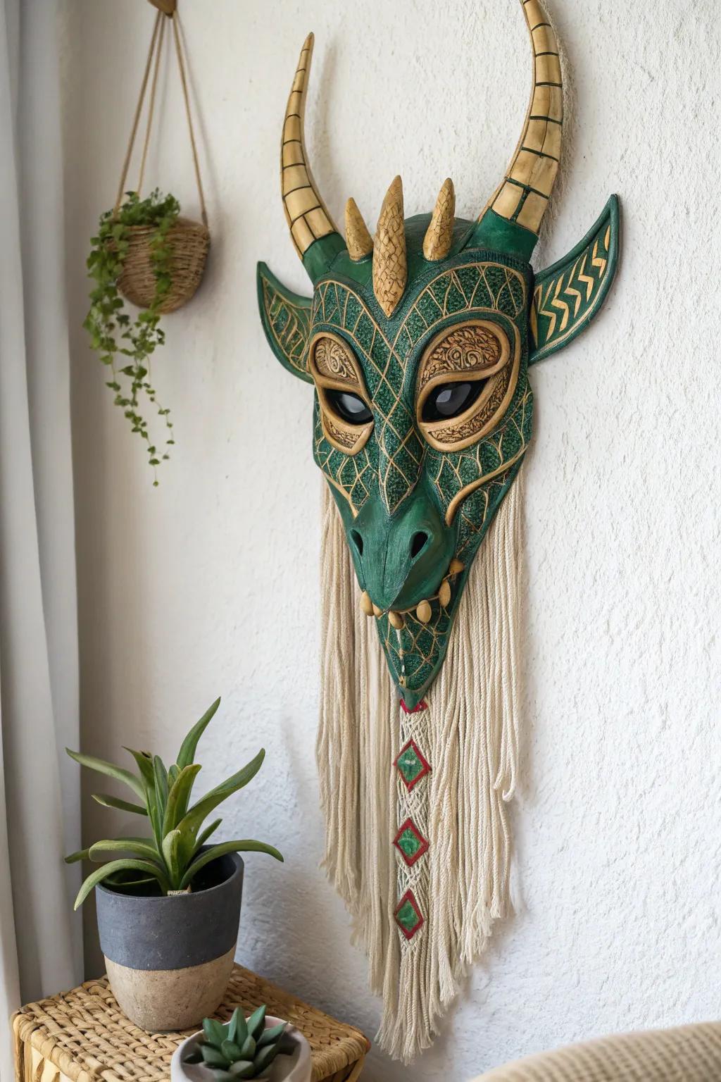 Unleash your imagination with this stunning handcrafted dragon mask. A perfect blend of fantasy and minimalist elegance.