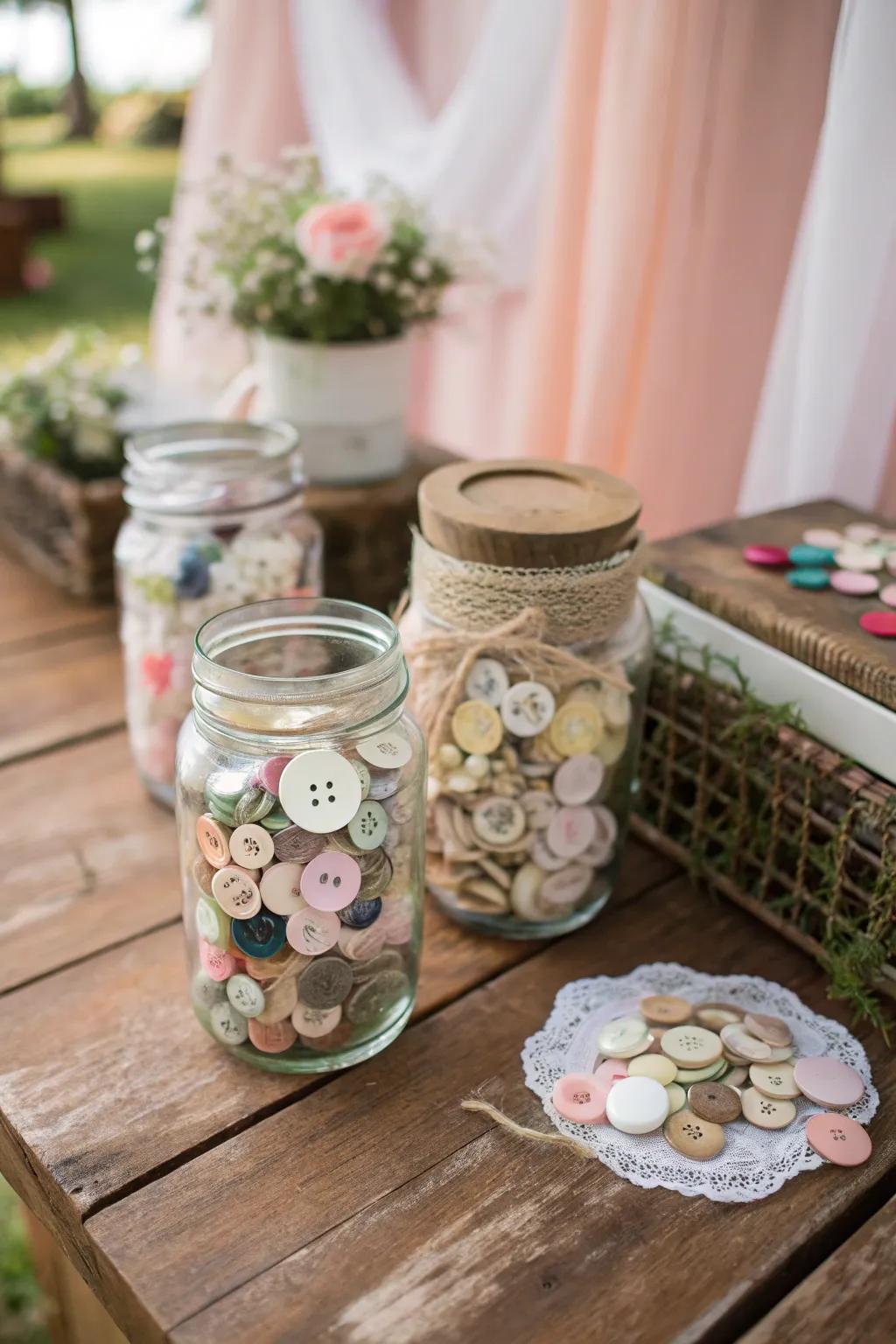 Vintage buttons in mason jars add a whimsical and textured touch.