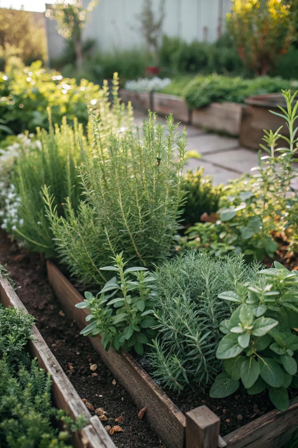 A small herb garden with rosemary and thyme adds fragrance and function.