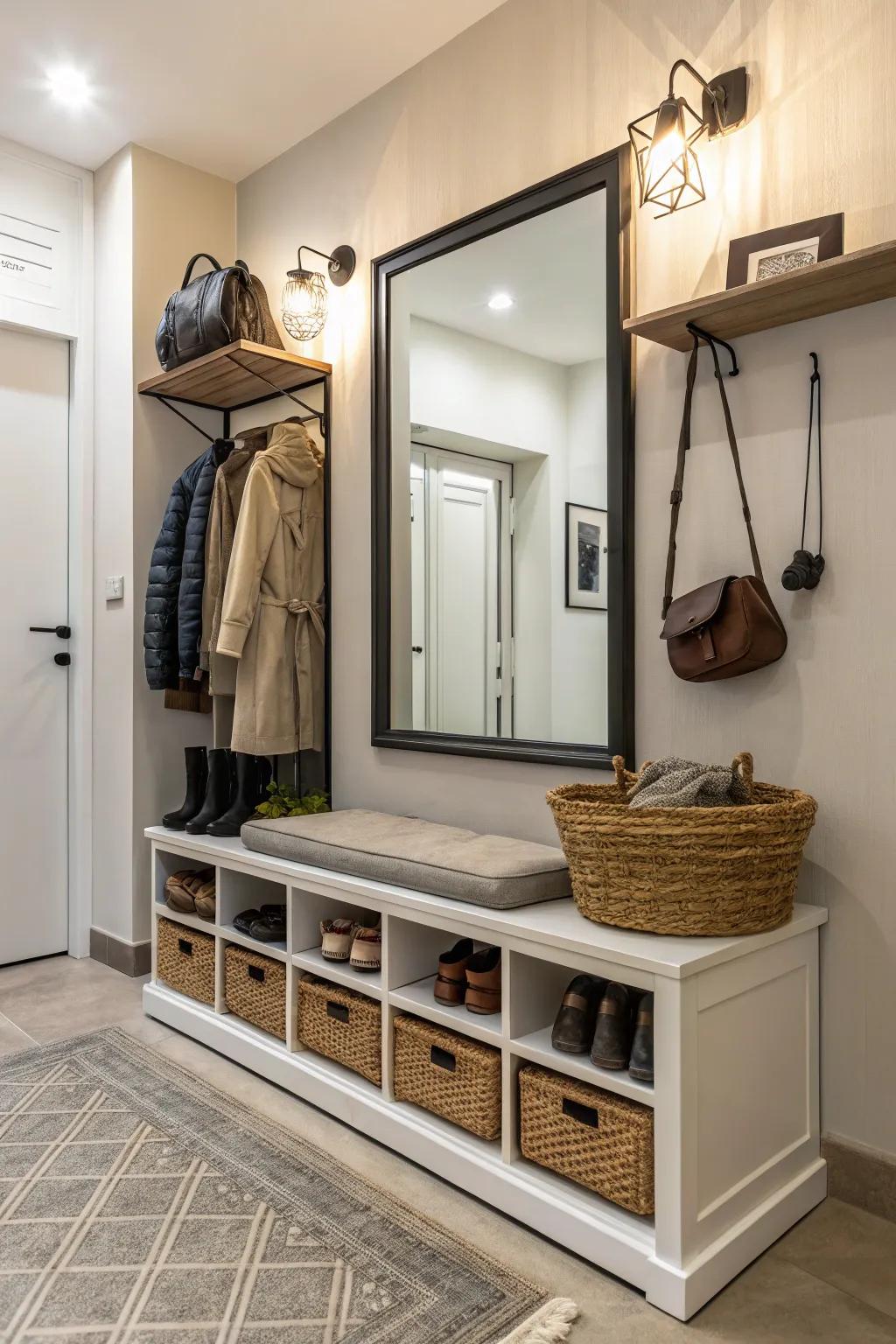 A shoe bench combines seating with practical shoe storage.