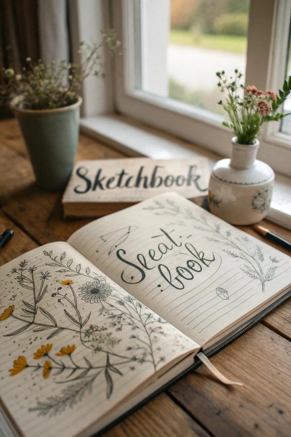 Unleash your creativity with a blend of words and art in your sketchbook.
