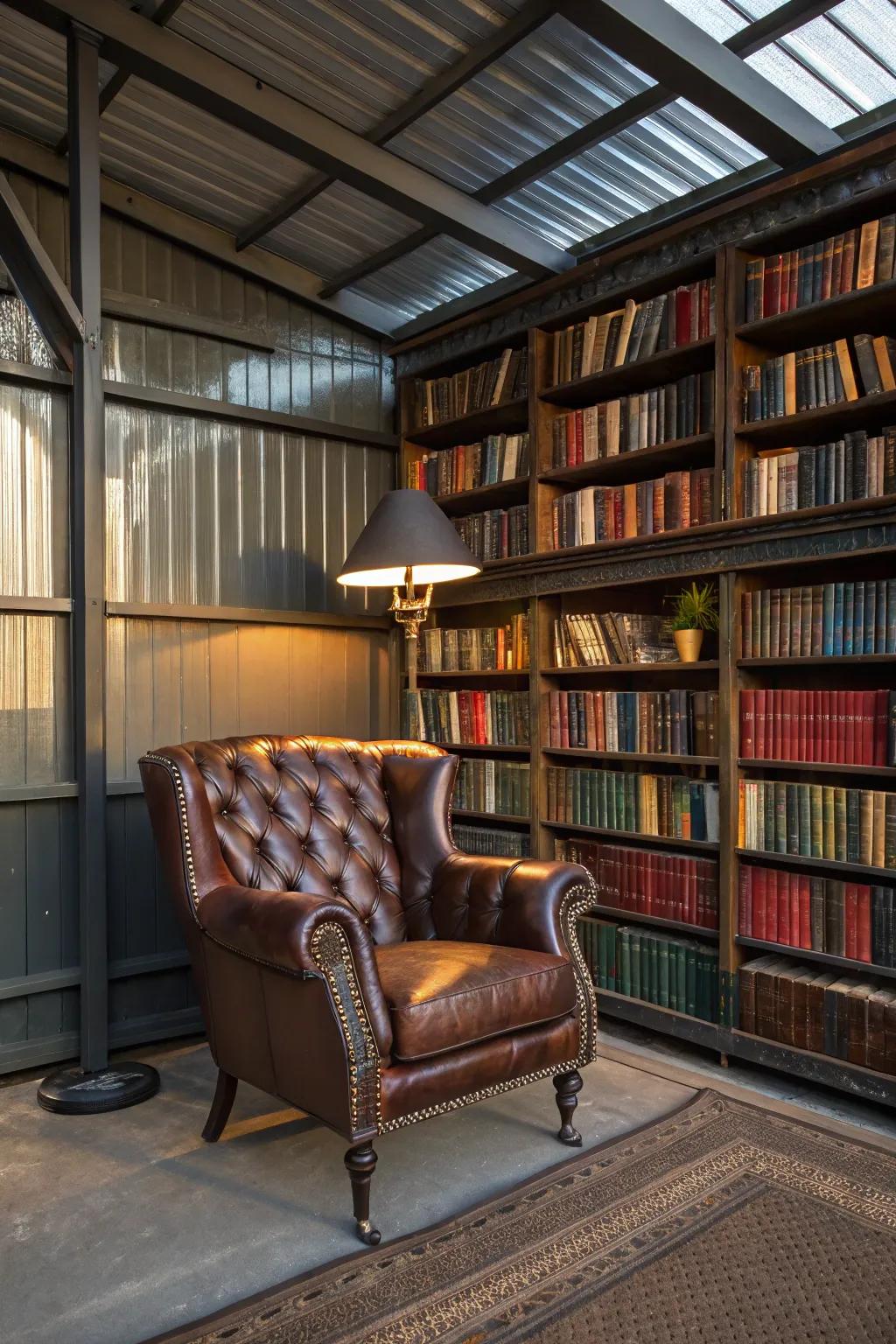Discover tranquility and sophistication in a carport-transformed library nook – where craftsmanship meets comfort.