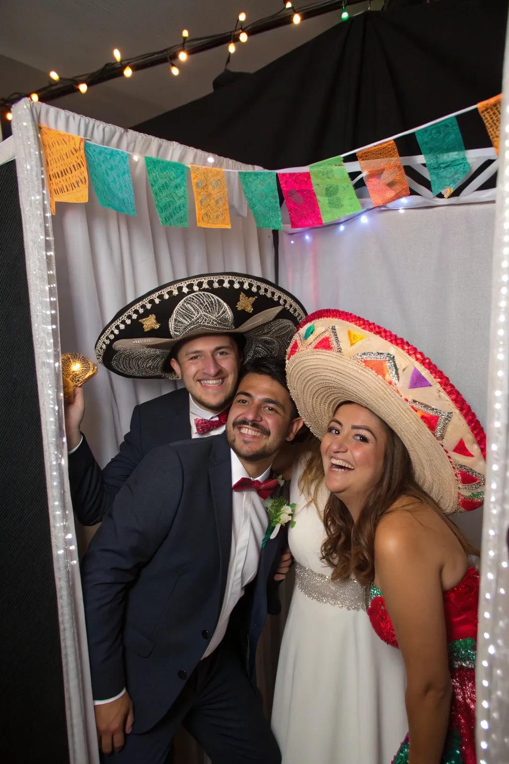 Guests having fun with charro hats, capturing memorable wedding moments.