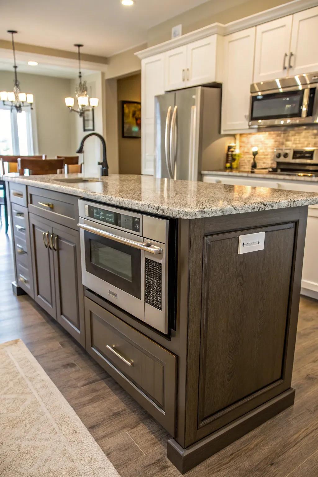 A kitchen island with an integrated microwave for central convenience.