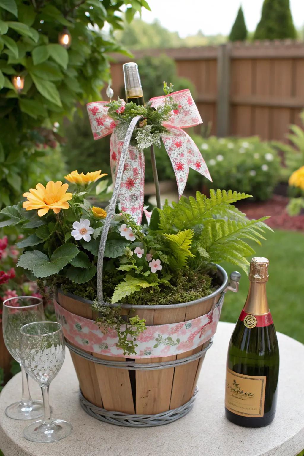 Garden party glow basket with a touch of greenery.