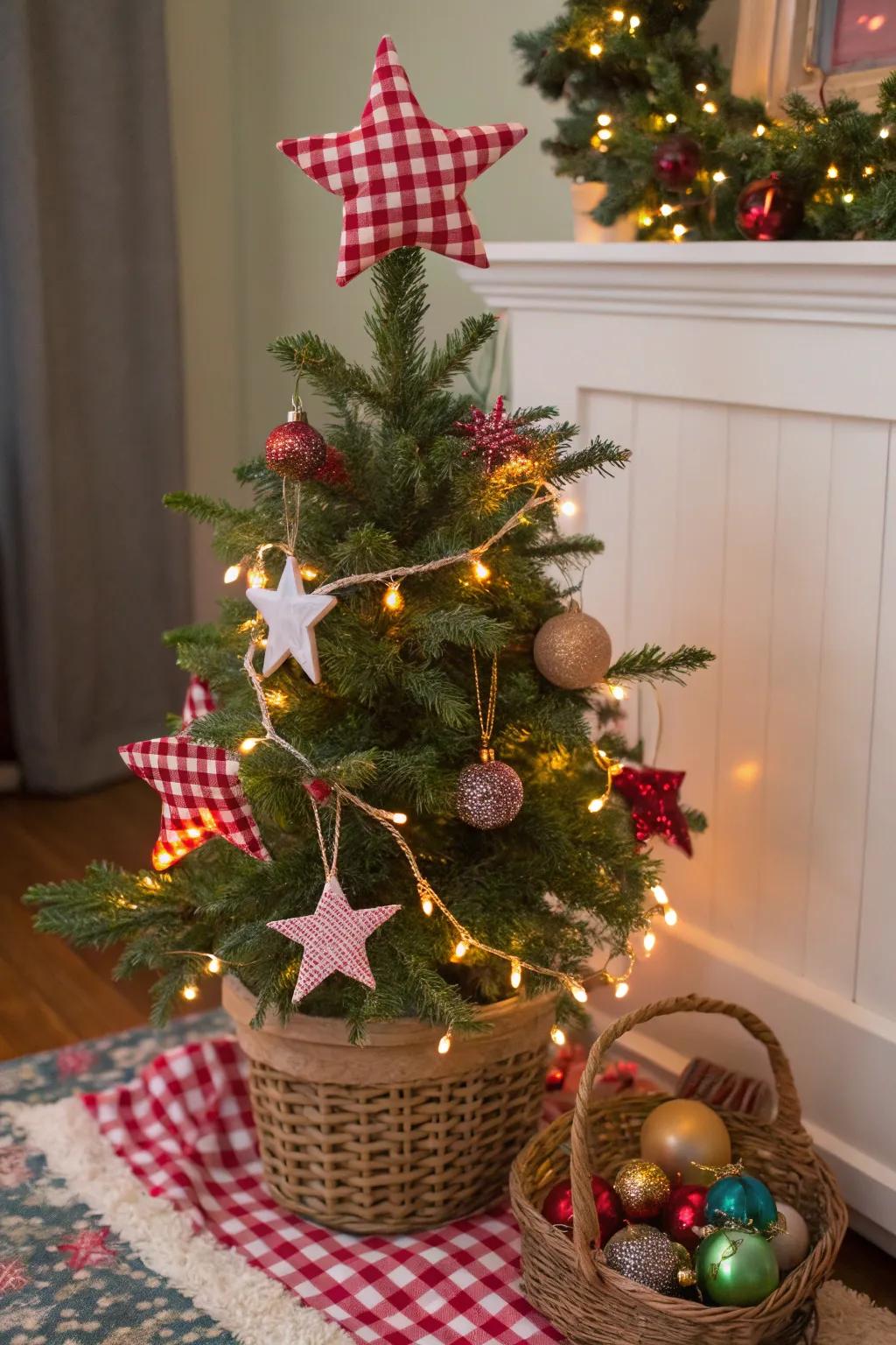 A playful mini Christmas tree with gingham and wool stars.