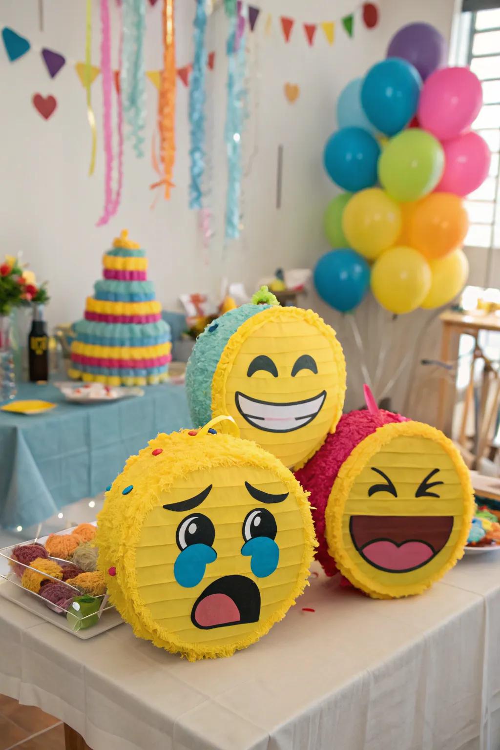 Playful emoji mini piñatas that add a touch of humor to any celebration.