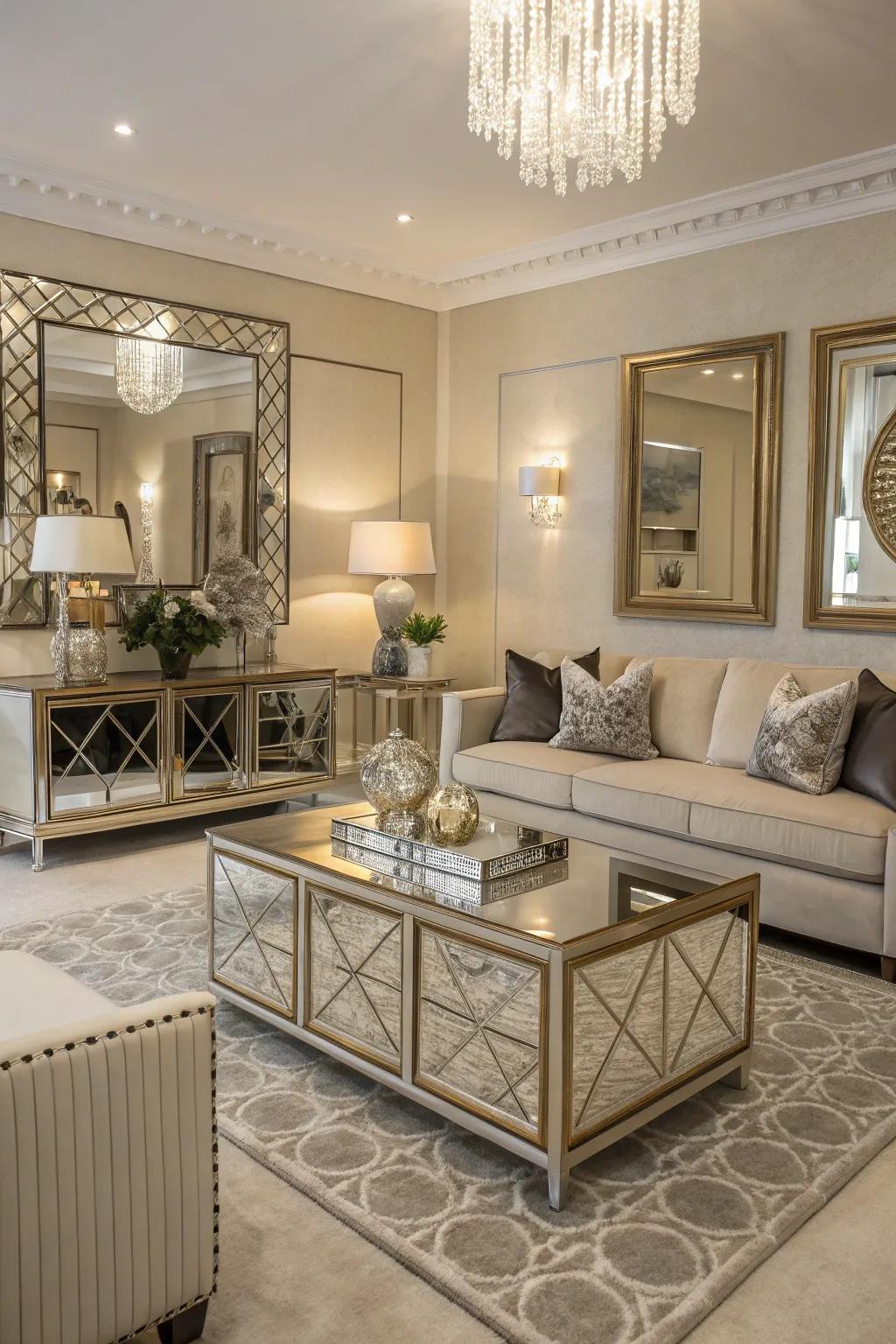 Mirrored furniture adds subtle luxury.