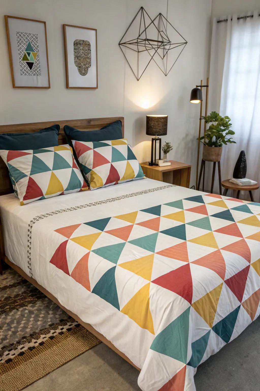 Modern geometric patterns add a contemporary edge to bedding.