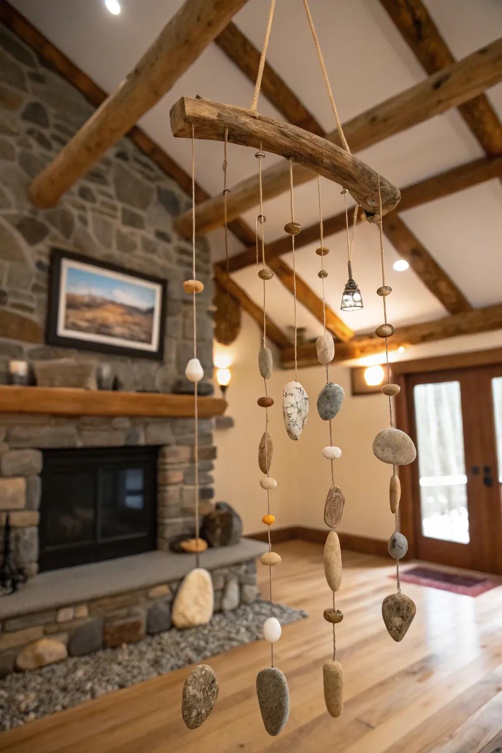 An earthy stone mobile adding a natural element to indoor decor.