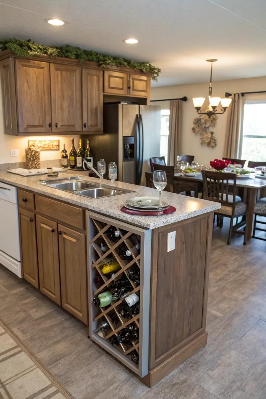 A built-in wine rack adds sophistication and convenience to the kitchen.