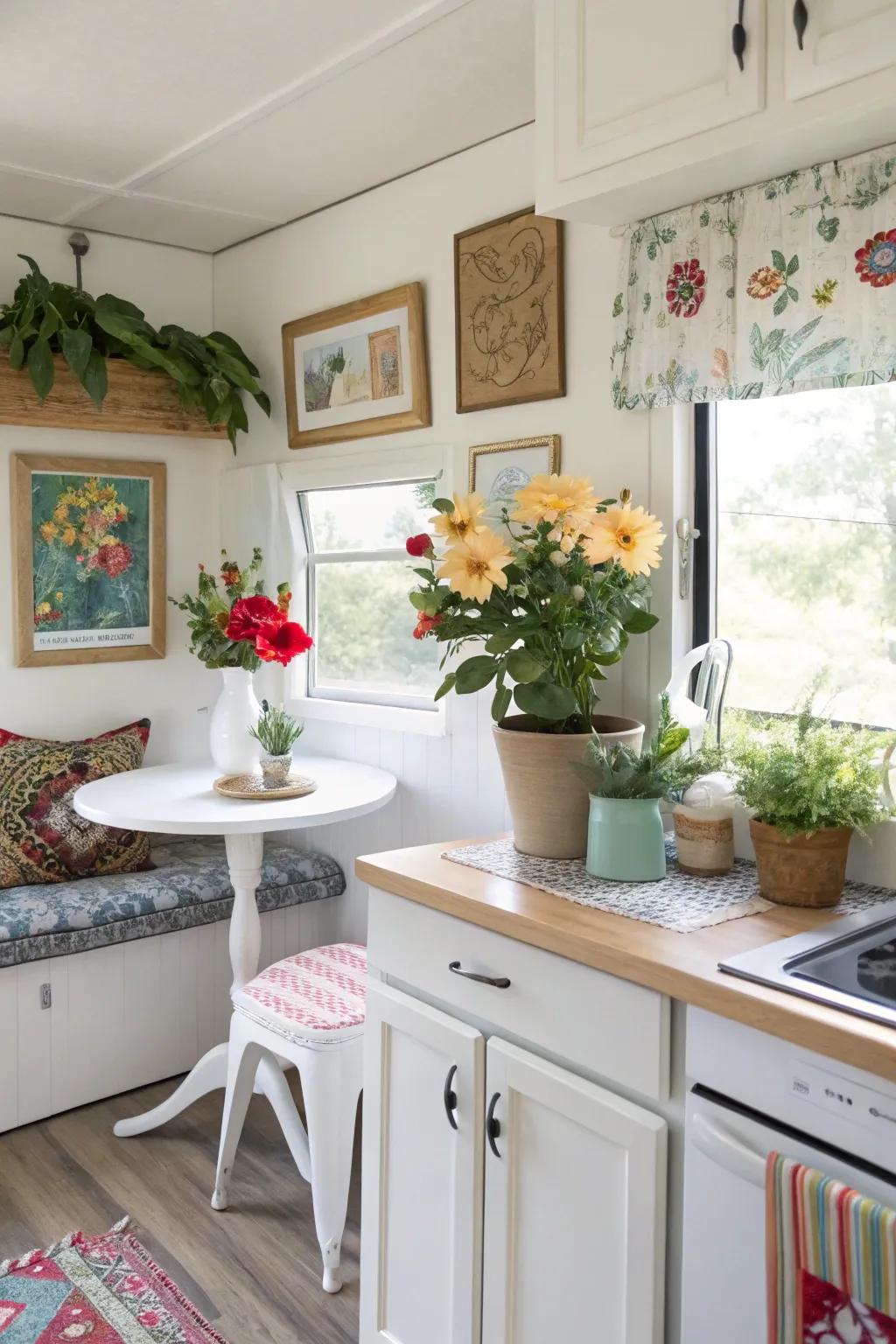 A mobile home kitchen with personalized decorative touches.