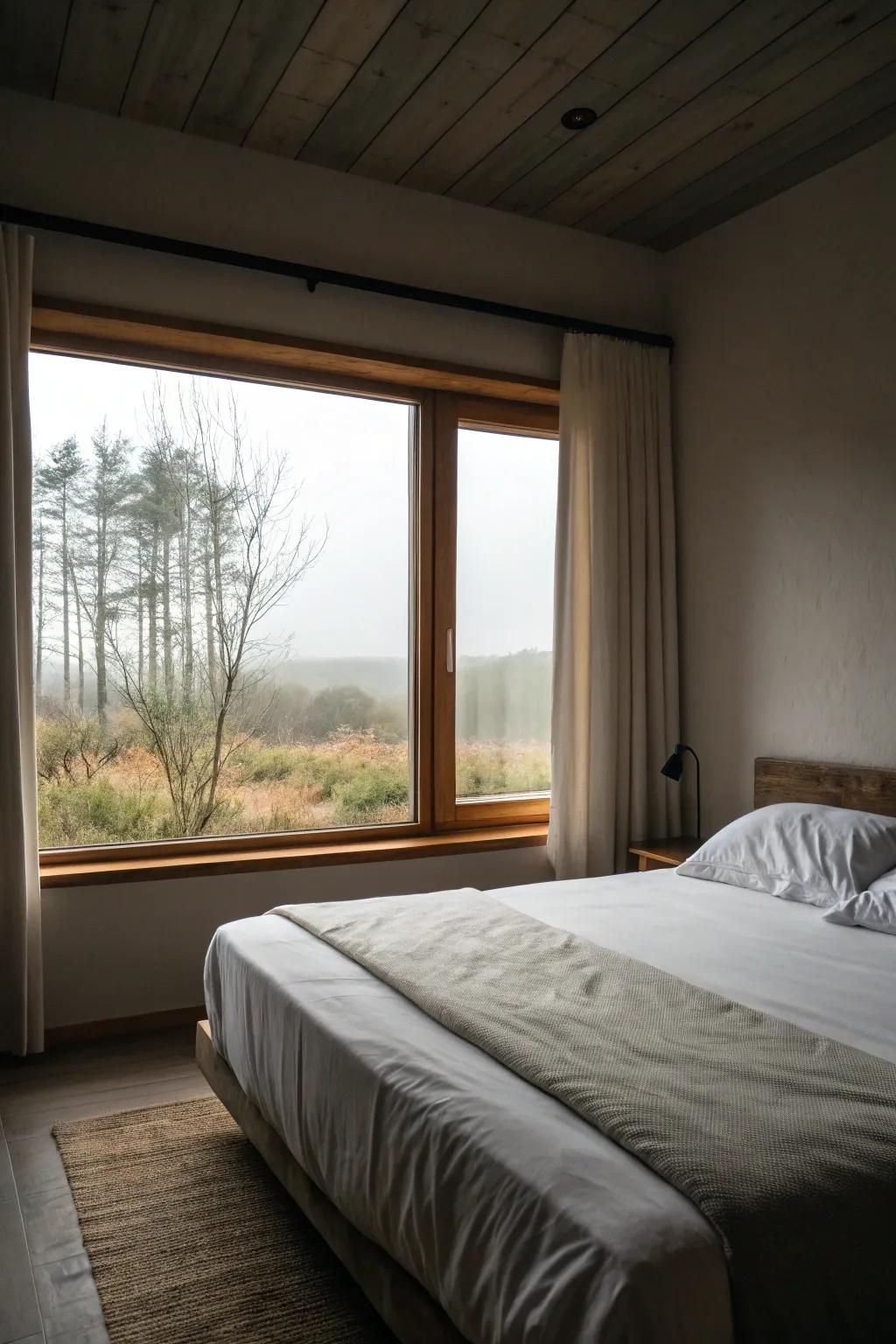 A minimalist setup where the window gracefully frames the bed.