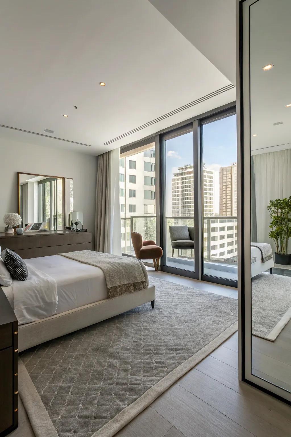 Mirrors amplify light and space in a modern bedroom.