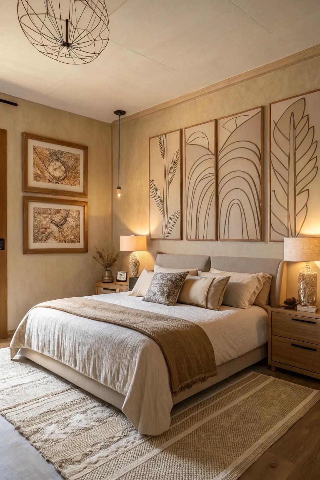 Abstract art in beige adds elegance and modernity.