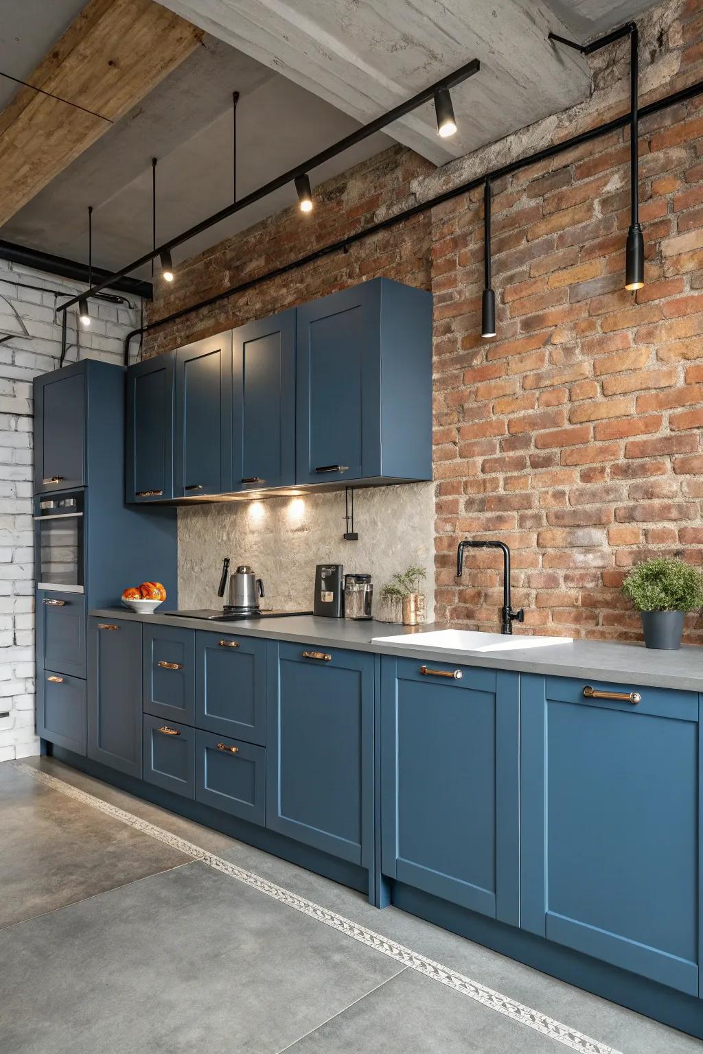 Industrial-style blue cabinets add an urban edge to this kitchen.