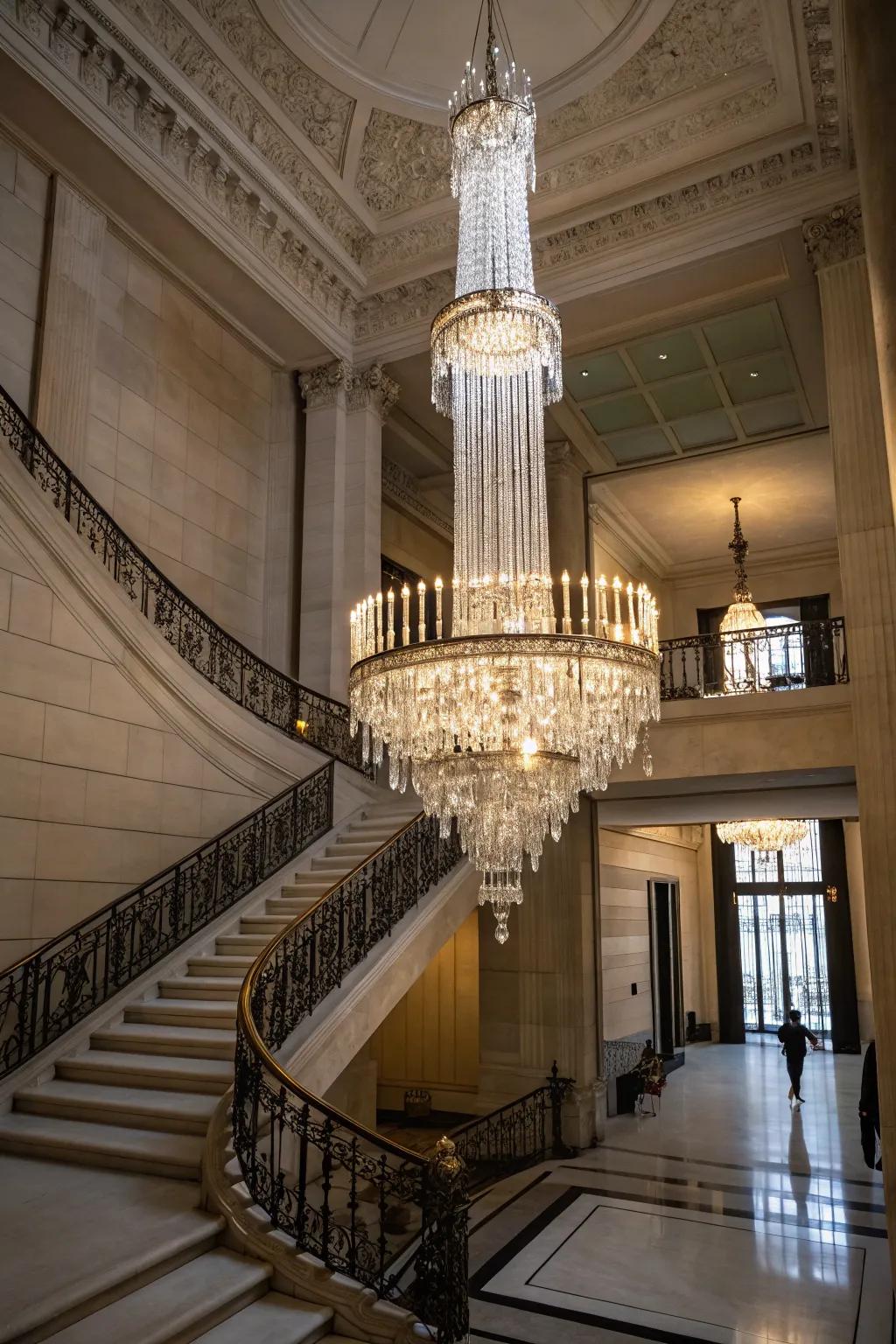 Layered chandeliers create drama in tall spaces.