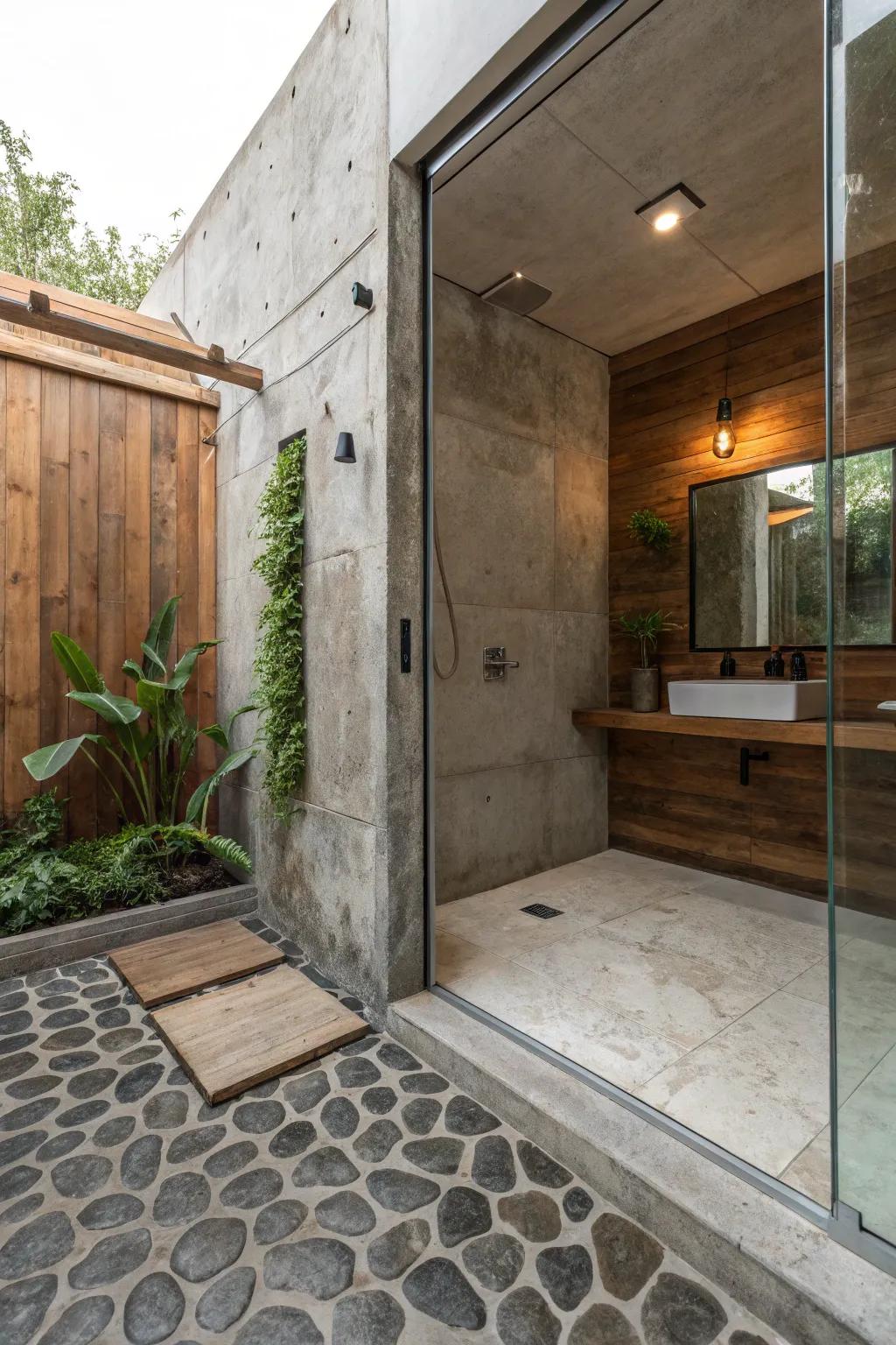 A rustic-modern shower with a stone floor and concrete walls.