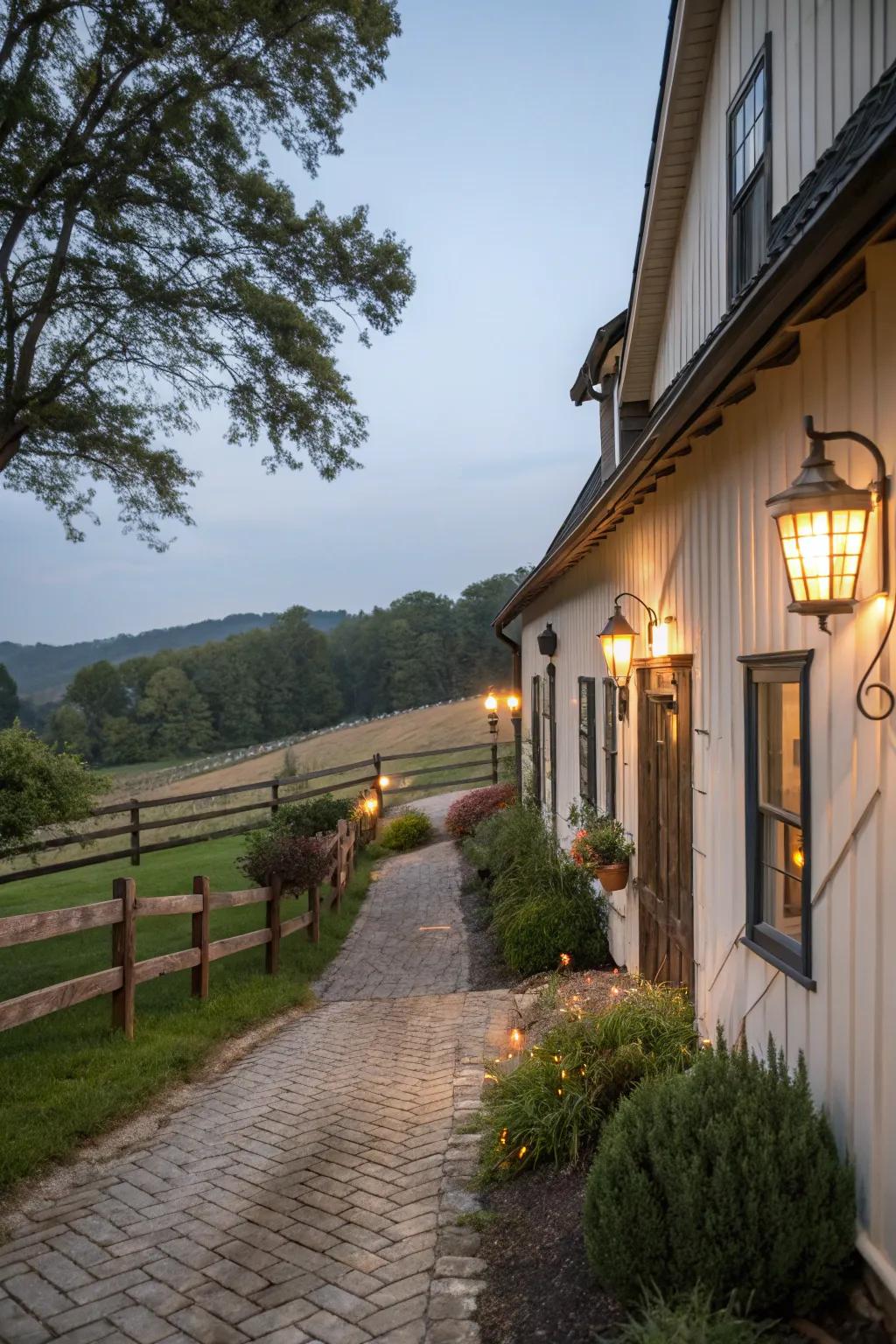 Motion sensor lights add security and ambiance to this farmhouse exterior.