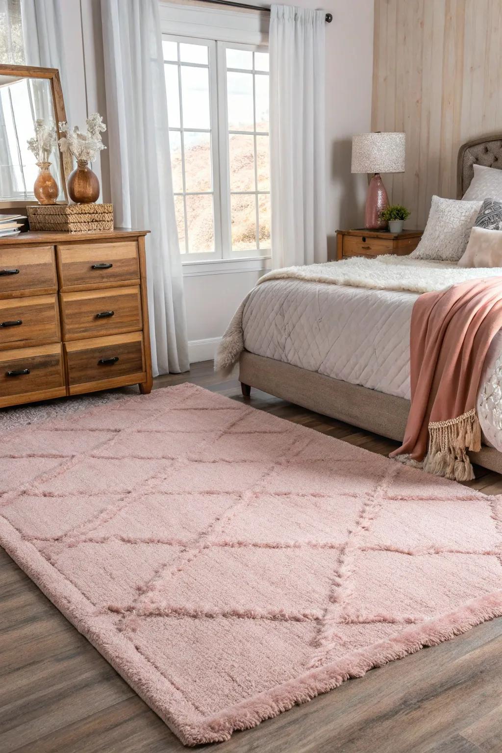 A blush area rug adding warmth and style to the bedroom.