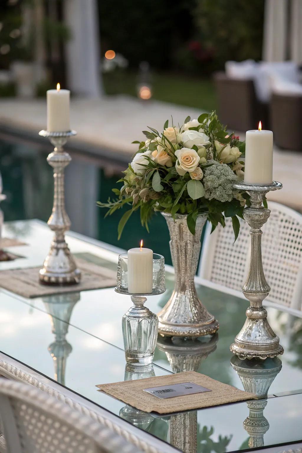 Symmetrical decor elements add balance and harmony to a glass dining table.