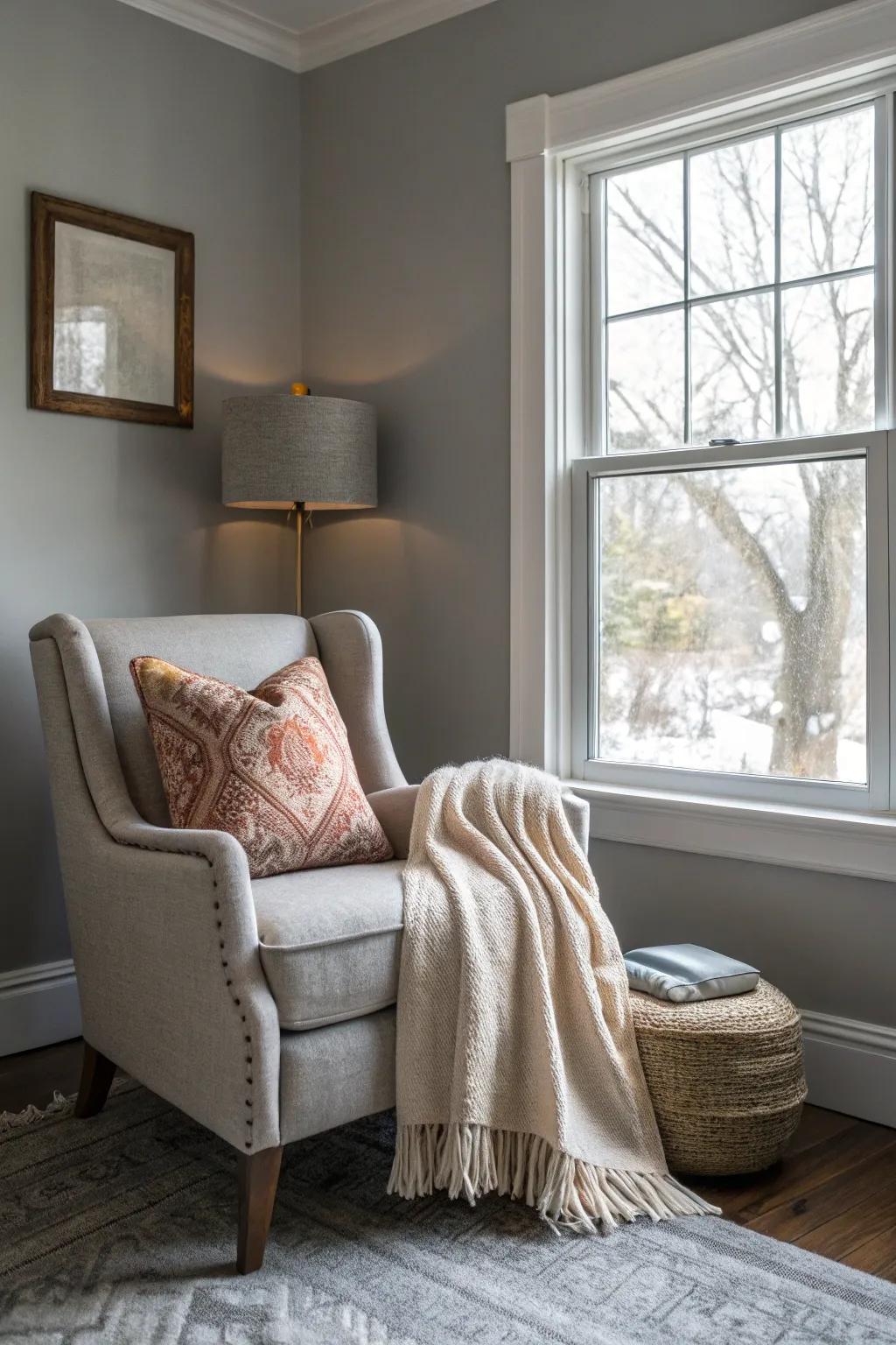 Warm gray tones create a cozy nook perfect for relaxation.