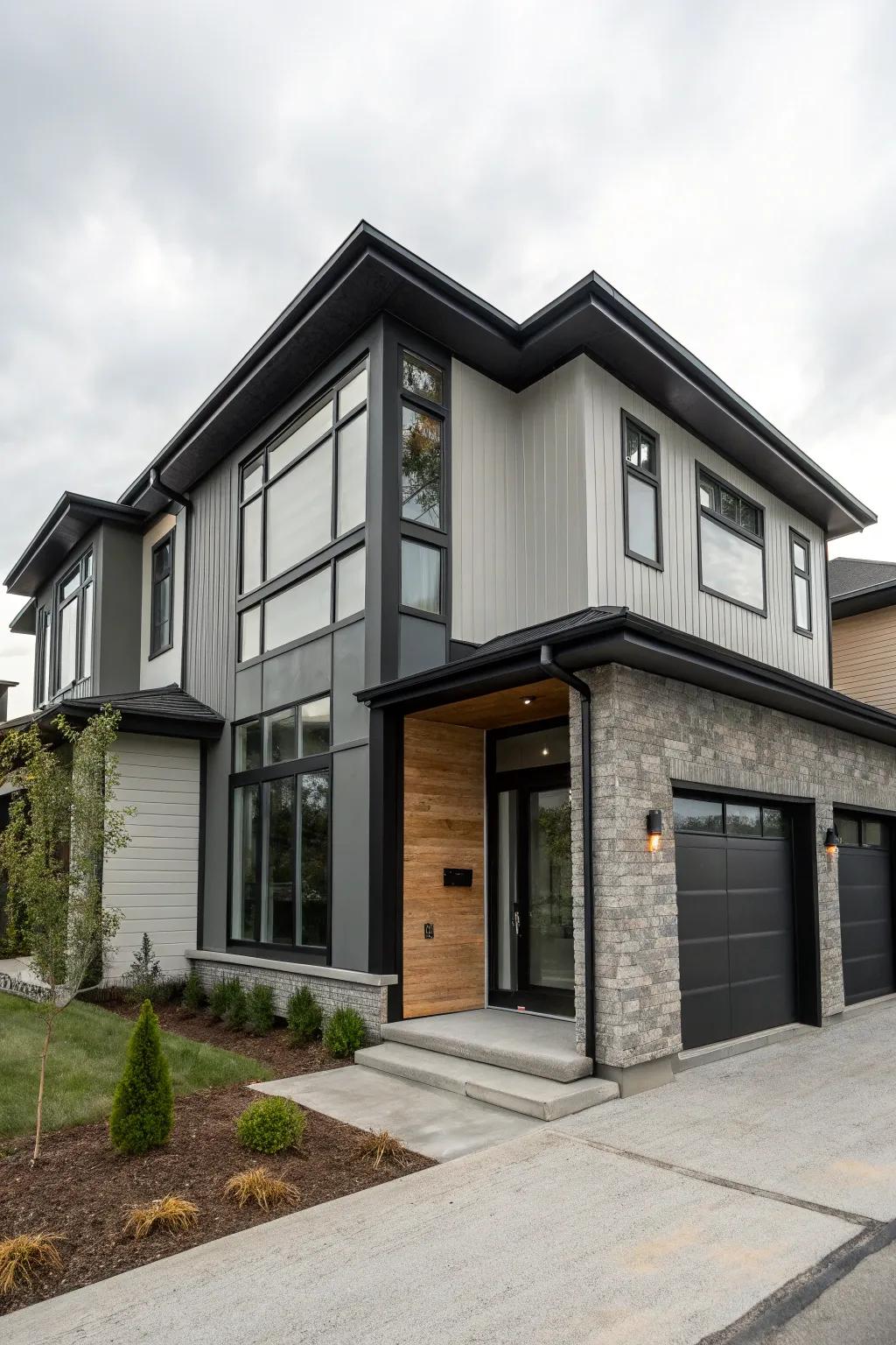 A modern house with varying shades of grey, unified by striking black trim.