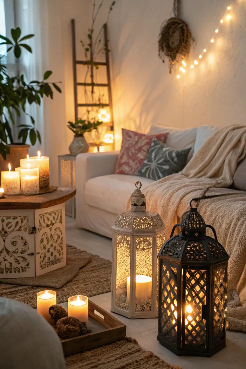 Candles and lanterns create a warm, inviting atmosphere in the living room.