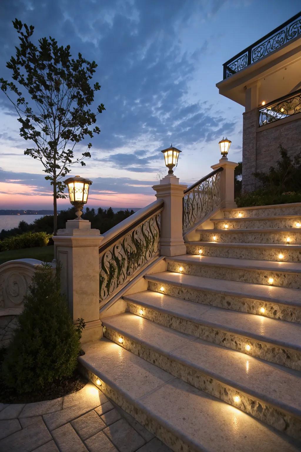 Accent lights highlighting architectural interest and adding depth to outdoor steps.