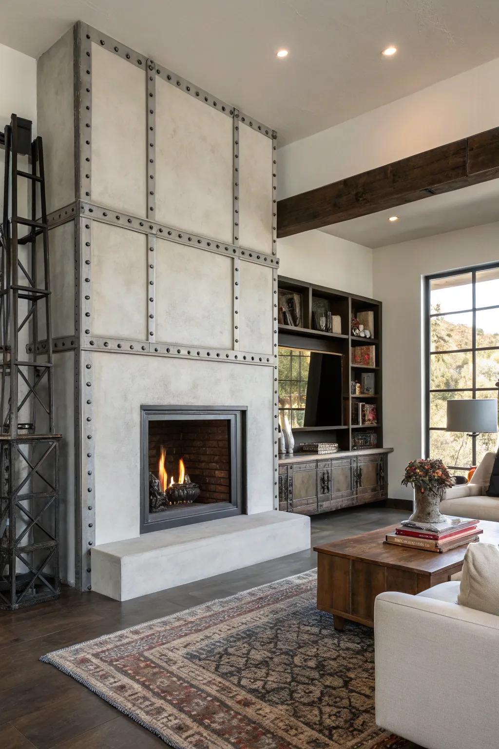 An industrial edge with a plaster fireplace creates a modern juxtaposition.