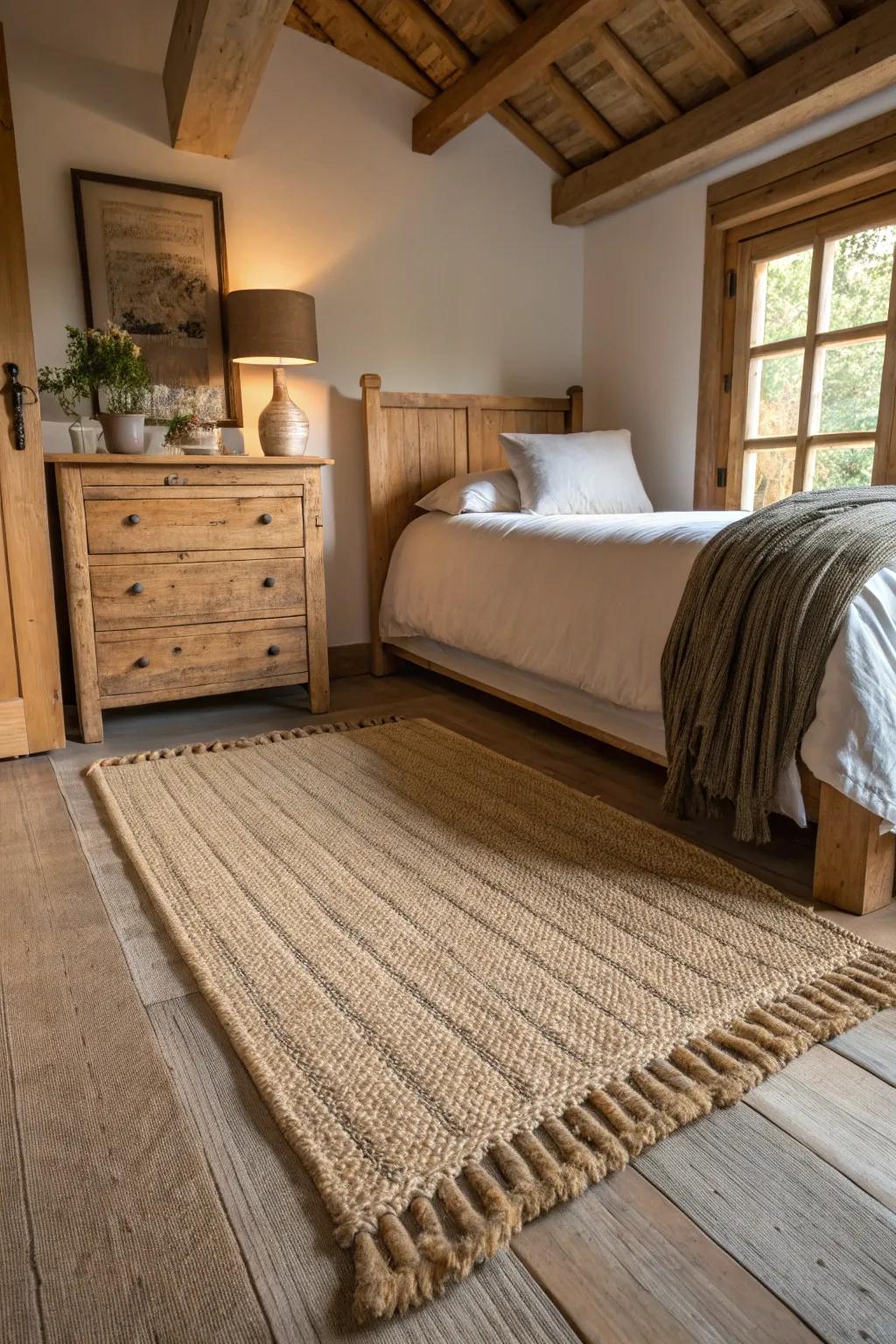 Natural fiber rugs add texture and a touch of nature to the bedroom.