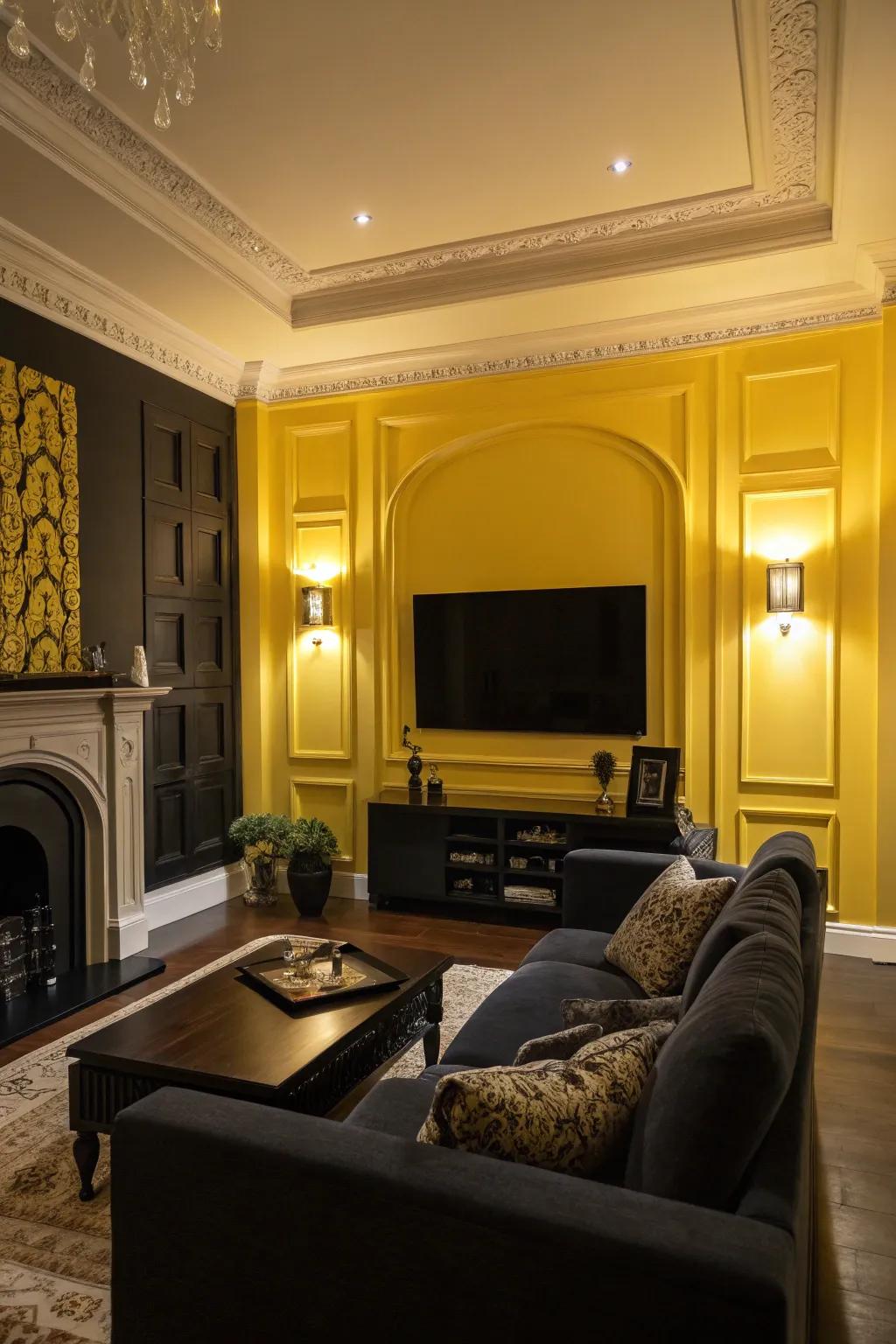 A yellow feature wall paired with dark accents creates a bold and dramatic living room.