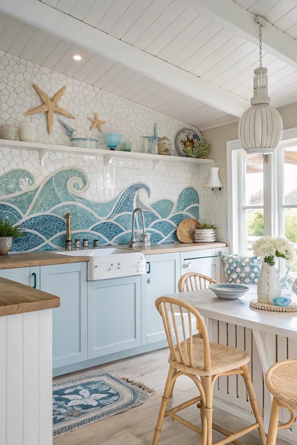 Oceanic hues evoke a tranquil coastal vibe in kitchens.