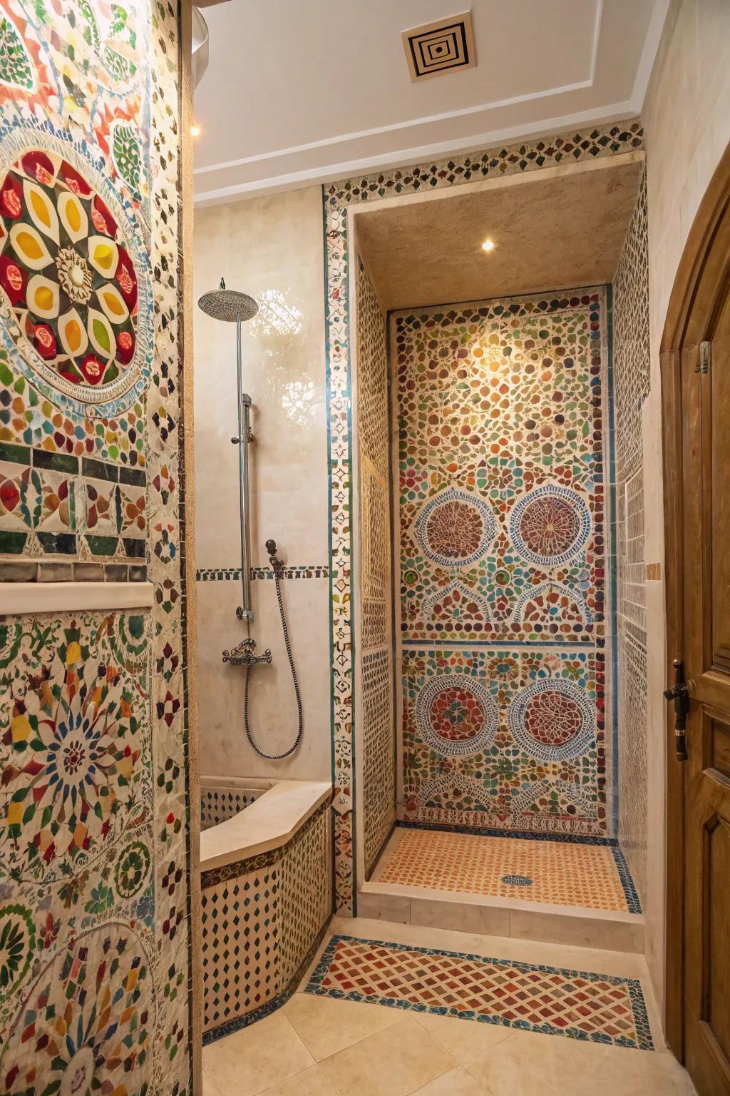 Moroccan mosaics add exotic charm to this shower.