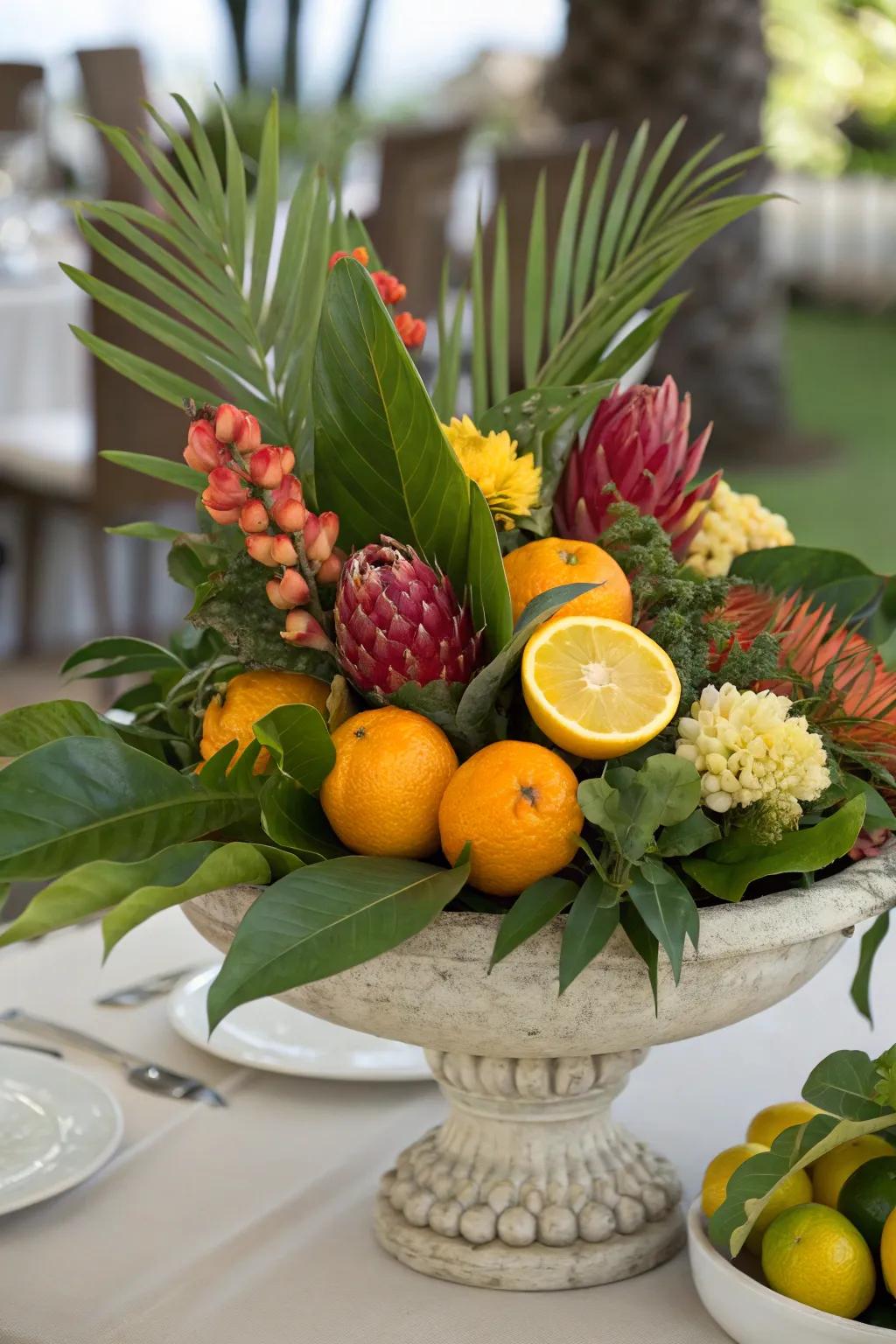 A tropical paradise centerpiece brings bold colors and a lively touch to Mother's Day.