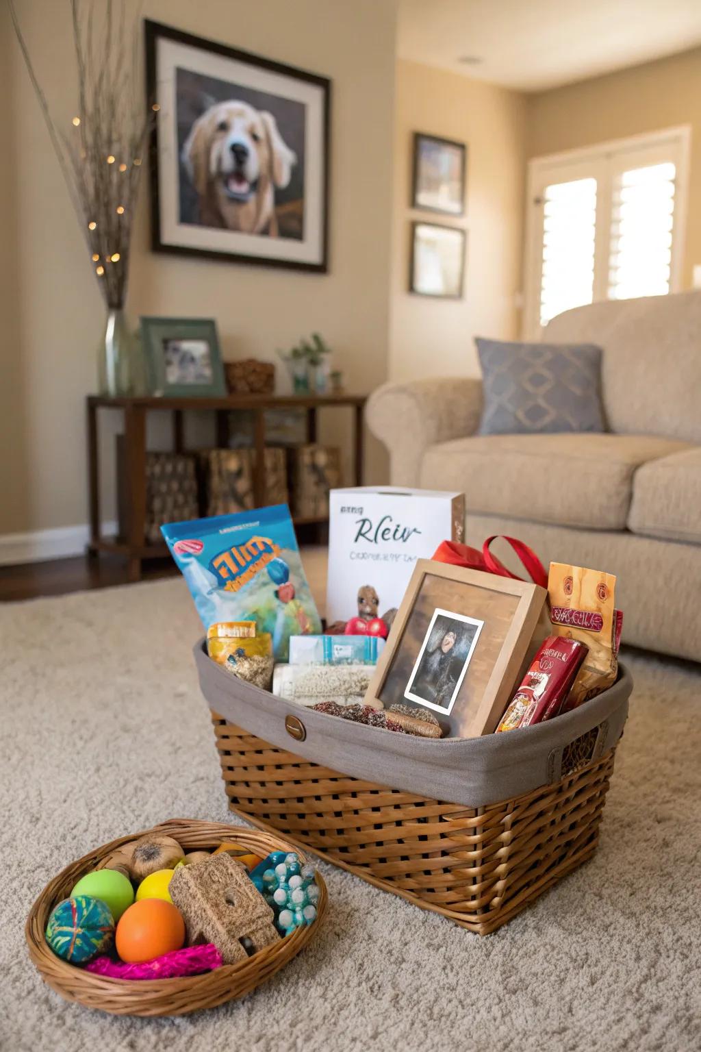 Delight a pet-loving mom with a basket full of pet goodies.