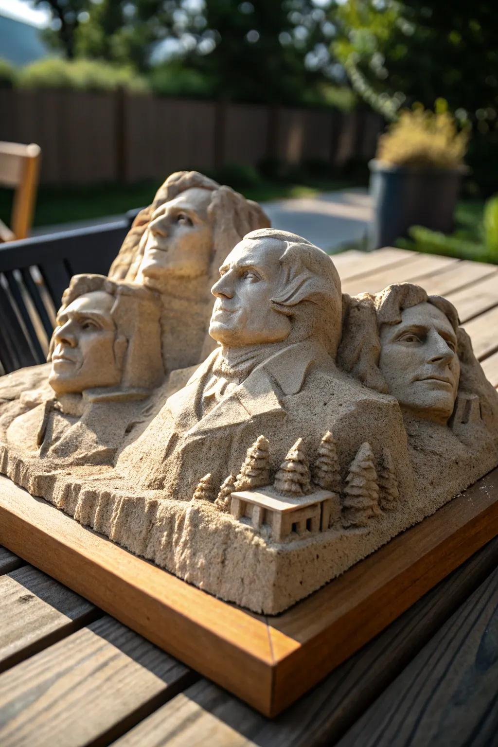 Master the art of sand sculpting with this miniature Mount Rushmore. A tribute to craftsmanship and creativity!