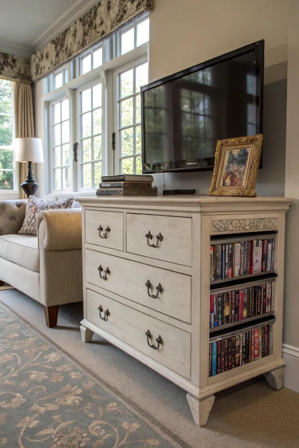 A repurposed vintage dresser, adding character to DVD storage.