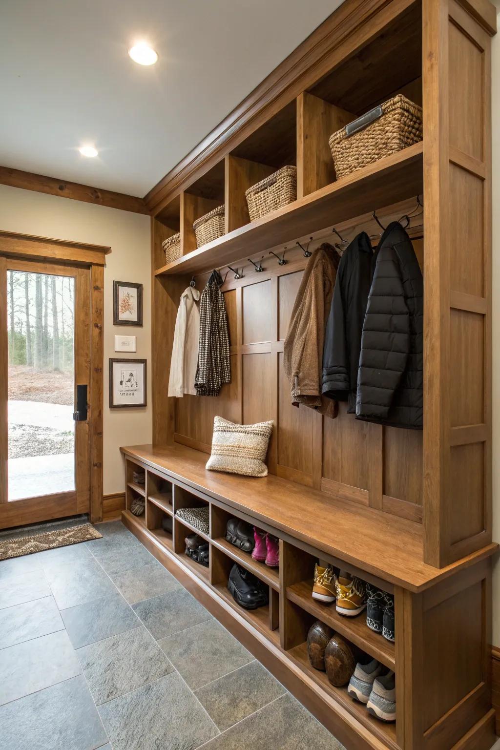 Coordinated bench and shelf sets create harmony in mudrooms.